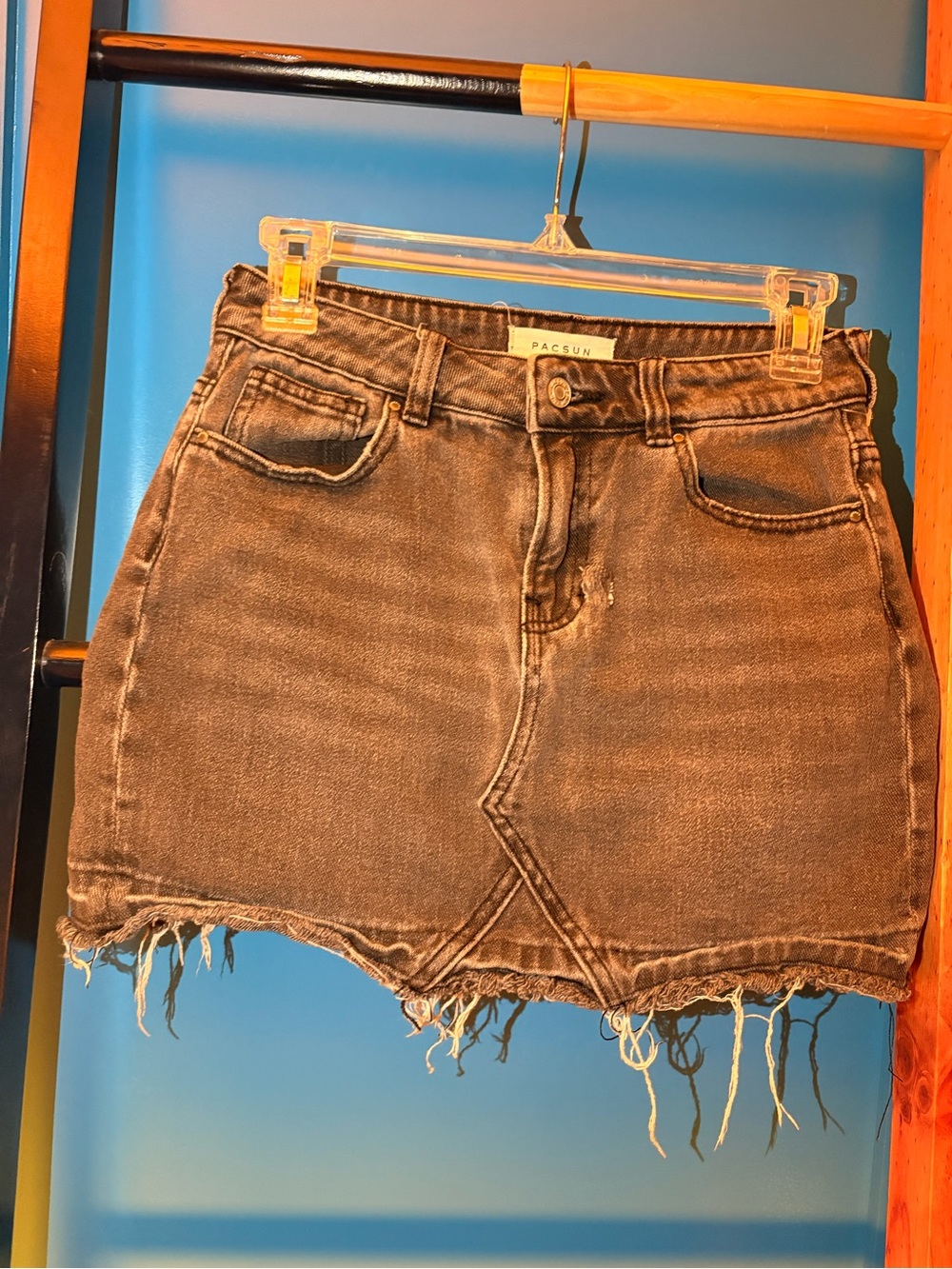PacSun Washed Black Denim Mini Skirt with Branded Button